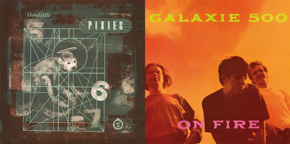 First pic: On a brown background is a monotone photo of a small monkey. The monkey has a halo and is surrounded by three numbers: 5,6 and 7. The picture of the monkey has a green outline of a box around it, and within that box are green lines that make a bunch of connected shapes: squares, rectangles, circles, triangles, stars, trapezoids. etc.  Second pic: A photograph of the band, taken from a low angle on the ground looking up at them. They're dressed in T-shirts. There's a guy with a round face and longish light-colored hair, a woman in a dark shirt with short dark hair and large spiral earrings, and another guy with short moussed hair in a white t shirt. The whole thing is orange-tinted. A great deal of the picture is the sky above the three, and the sky is orange.