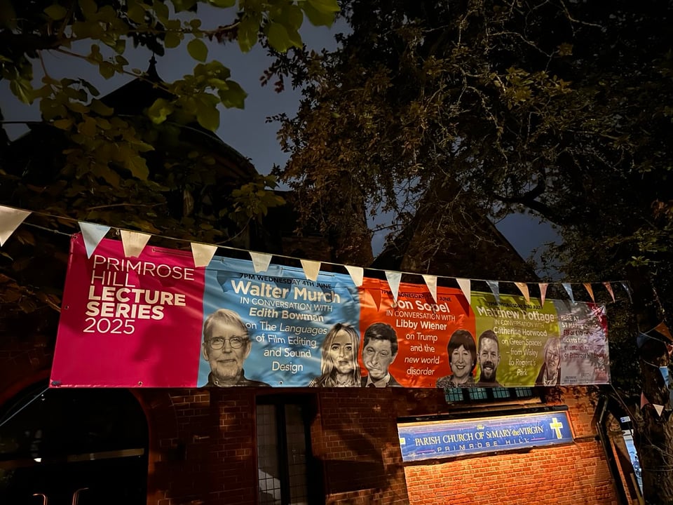 banner from Primrose Hill Lecture Series 2025 showing four events, the first being Walter Murch interviewed by Edith Boyman on "The Language of Film Editing and Sound Design"