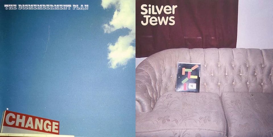 First pic: A color photograph of the blue sky. In the upper right, a white cloud is creeping in. In the lower left, we see a sign that reads CHANGE that is presumably on the top of an unseen building. Second pic: A color photograph, that has a faded, aged look to it, of a faded-pink couch. On the couch, propped up against the back cushion, is what looks like a Trapper Keeper style paper folder. It is black with green, orange, and red rectangles on it, as well as the number 4. Behind the couch are red drapes, or perhaps a blanket, covering a window.