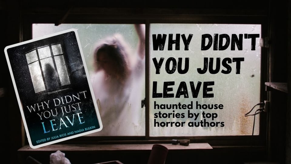 A banner image. The background is of two dirty windows, with an obscured figure barely visible through one of them. The background text reads, Why Didn't You Just Leave: haunted house stories by top horror authors. In the foreground is an image of the book cover for Why Didn't You Just Leave, which shows a ghostly figure standing backlit at a bay window.