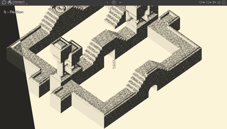 An isometric illustration shows a maze-like architectural structure made of pale stone, with multiple staircases, platforms, and archways arranged in an Escher-like, impossible layout. The walls and steps are textured with a speckled pattern, giving the scene a surreal, dreamlike quality. Soft beige and gray tones dominate the image, highlighting the geometric forms and disorienting spatial logic.