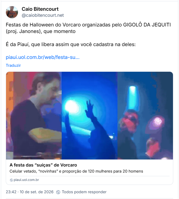 Post de Caio Bitencourt (@caiobitencourt.net): Festas de Halloween do Vorcaro organizadas pelo GIGOLÔ DA JEQUITI (proj. Janones), que momento
É da Piauí, que libera assim que você cadastra na deles:
(Link para a notícia: A festa das “suíças” de Vorcaro
Celular vetado, “novinhas” e proporção de 120 mulheres para 20 homens)