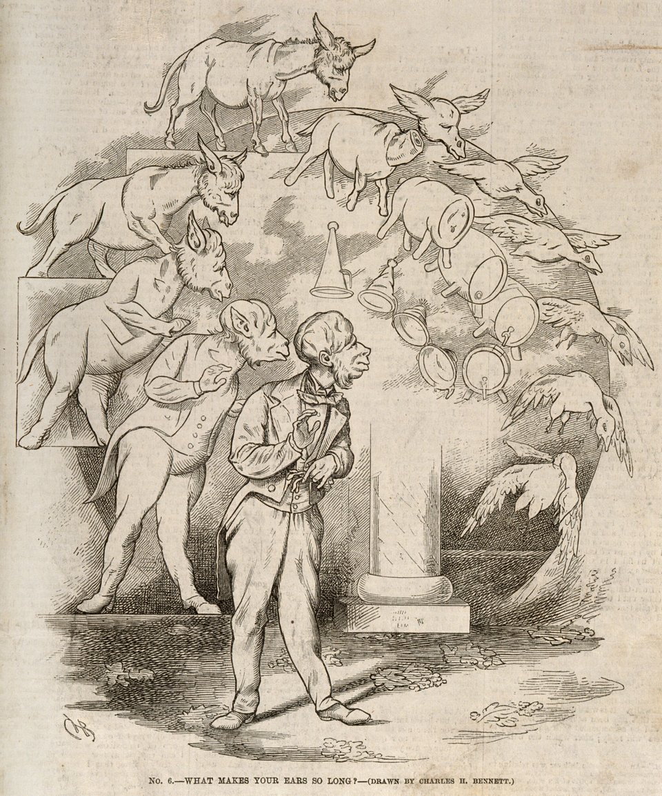The evolution of a barrel and goose into a donkey into a man wearing tails; representing Darwin's theories. Wood engraving after C. Bennett, 1863. | Wellcome Collection