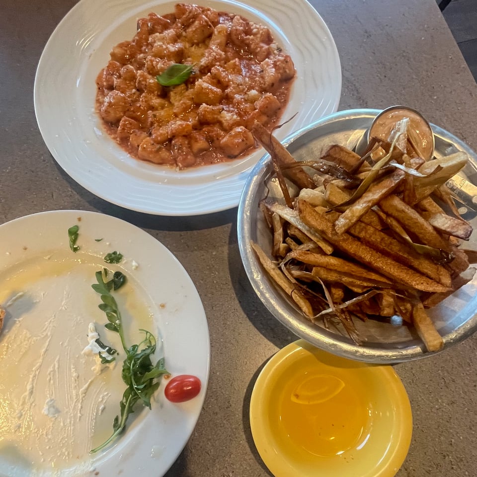 gnocchi, patatine fritte, + remnants of burata