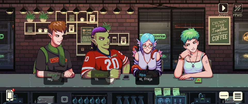 A group of four animated characters, each with distinct hairstyles and outfits, are sitting at a bar or café table, engaging in conversation in a vibrant, stylized setting.