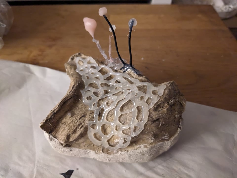 A sculpture of a slime mold, made of plaster, glue, and wax