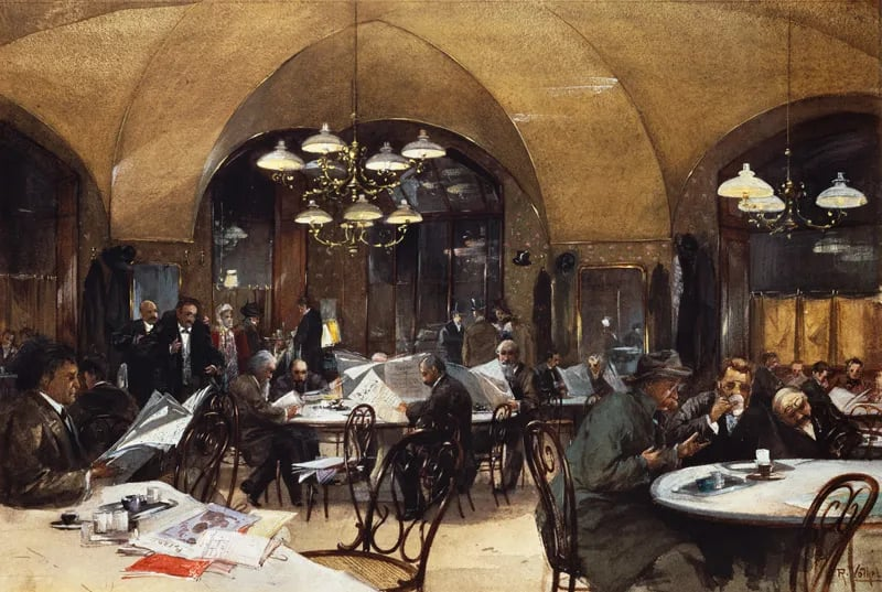 A painted illustration of a Viennese cafe.