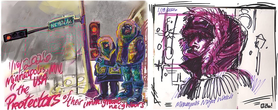 illustrations in traditional / digital hybrid mediums of the "1/18/2026 Minneapolis, MN, USA, "The Protectors of their immigrant neighbors" "Minneapolis Night Watch"
