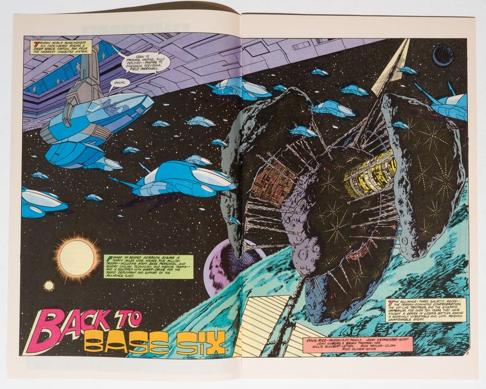 a double page spread of a space station made out of several asteroids connected by machinery