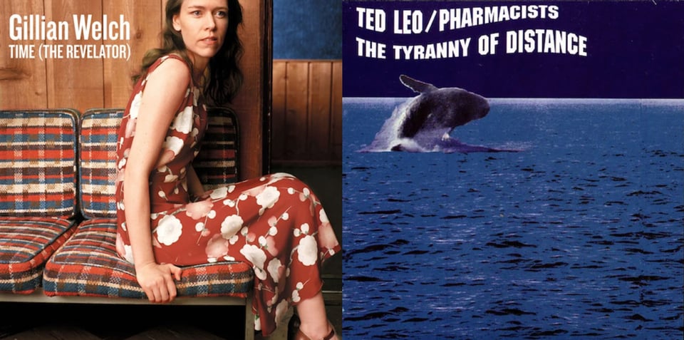 First pic: Gillian Welch, a thin white woman with long brown hair, sits on a table that have cushions on them. (They're calling this a futon in the Bluesky comments but honestly I don't think that's what this is. That looks like storage underneath the cushions.) She is in a red dress covered with white flower shapes. The cushions have a multicolored, striped, kind of plaid pattern on them. The woman looks off to the right with a slight look of puzzlement. Second pic: A color photo of a whale jumping out of the blue ocean. The whale is framed so it is somewhat in the distance, kind of small -- the ocean takes up most of the image. Above the horizon of the water, the sky has been replaced with a block of dark purple.
