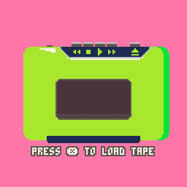 An animation of a lime green cassette player flipping open and a green cassette dropping into it.