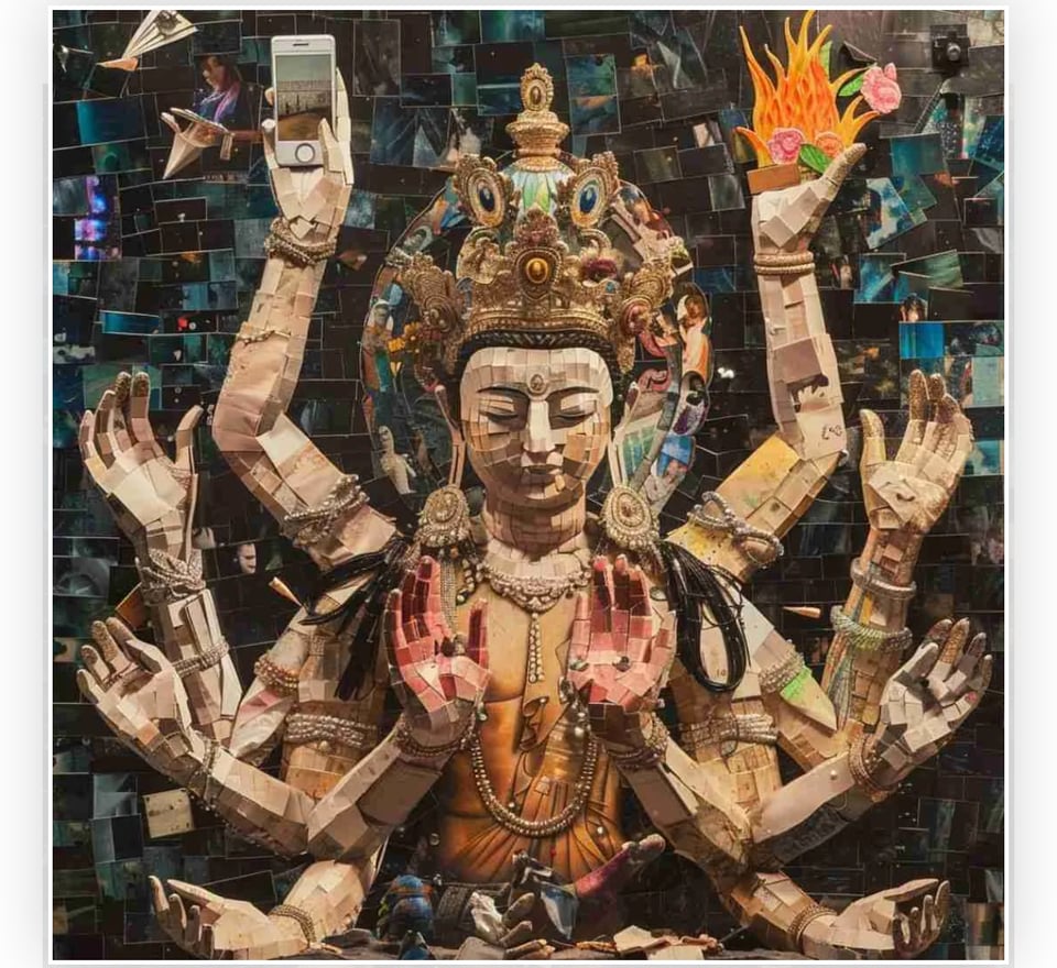 many handed buddha with a cellphone