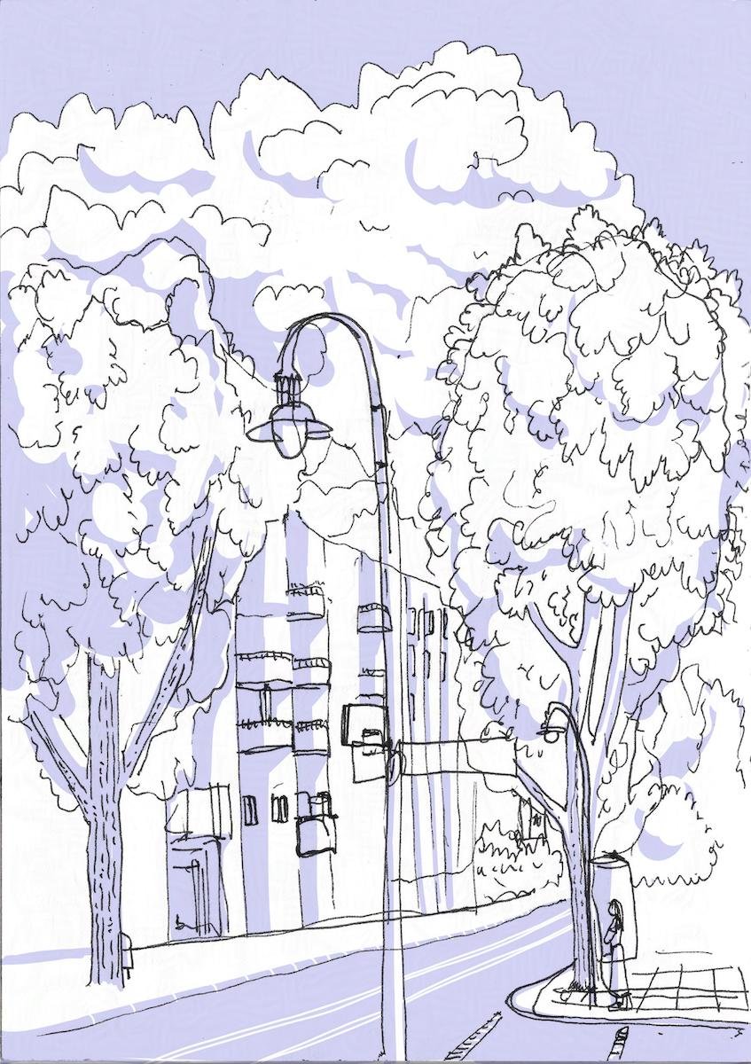 Drawing of a street corner with trees and a large cloud