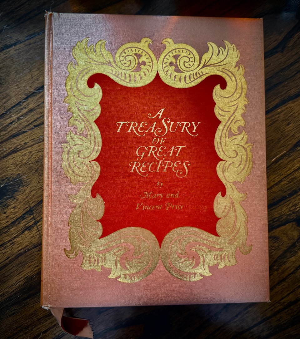 cover of the book A Treasury of Great Recipes by Mary and Vincent Price on kitchen table
