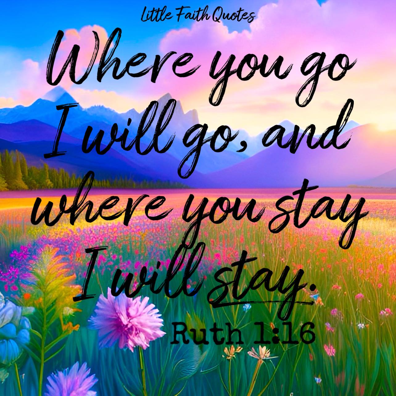 Bible Verse of the Day: “Where you go I will go, and where you stay I will stay. Your people will be my people and your God my God.” ~Ruth 1:16. A beautiful, blue mountain range rises in the distance. In front of the mountains sits a meadow of pink and lavender flowers. The sun is setting in the sky above, while pink fluffy clouds float in the distance. Image by: Little Faith Quotes.  