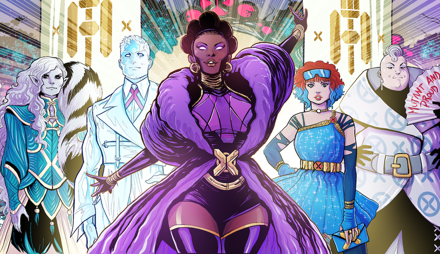 A promo image for Marvel Move: X-Men Pride special, featuring Cam Long, Iceman, Feint aka Carmen Cruz, Escapade and Jumbo Carnation, all of them wearing fancy gala outfits