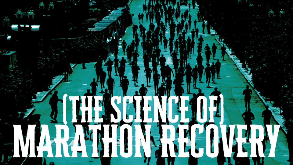 A group of people run a marathon. The text on the image reads: (The Science of) Marathon Recovery.