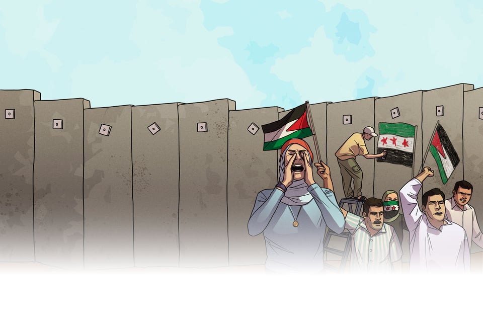 In the foreground, protestors wield Palestinian flags. In the background, a street artist paints a Free Syria flag on the Israeli Separation Wall. Beyond the wall is blue sky.
