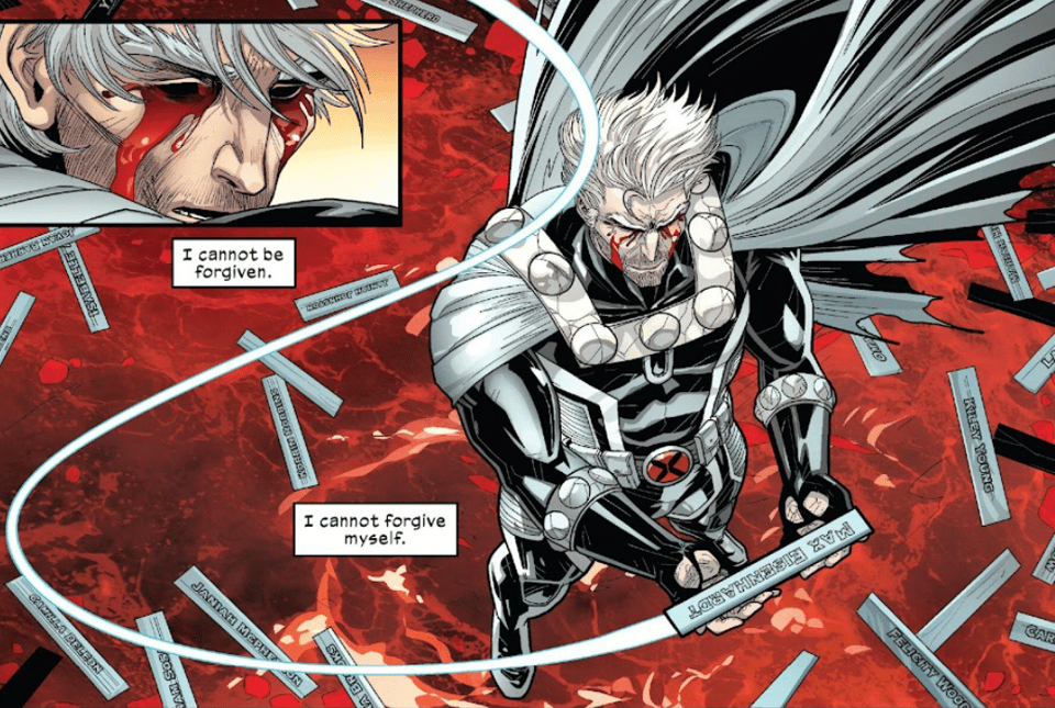 Magneto, illustrated by Luciano Vecchio, David Curiel, and Jesus Aburtov, with letters by Joe Sabino. He floats above an ocean of blood, his eye sockets hollow and weeping blood themselves; he is surrounded by name placards, with "Max Eisenhardt" flying into his hands. The narrative captions read "I cannot be forgiven." "I cannot forgive myself."