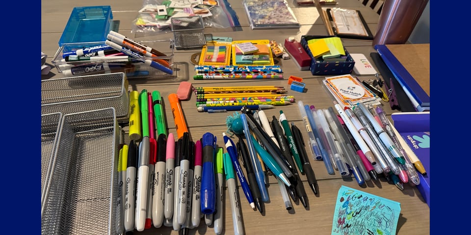 Rows of pens, pencils, and other items from the dumped out pen drawer