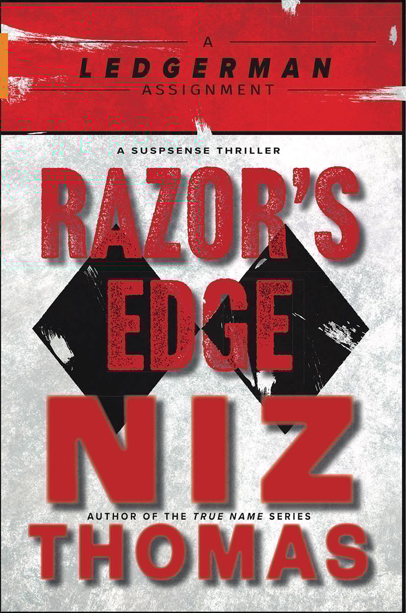 Book cover of Razor's Edge, the 4th book of the Ledgerman book series by Niz Thomas. The cover depicts a double black diamond ski sign with the name of the book.