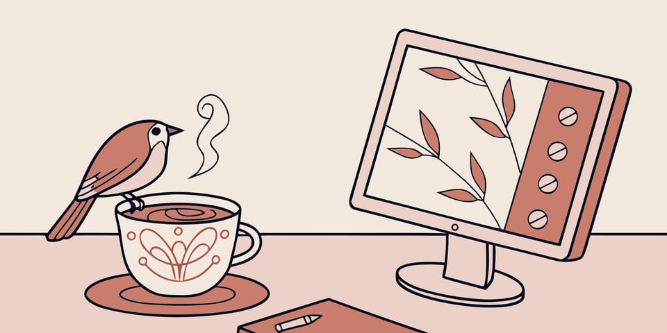 illustration of computer monitor next to a bird sitting on a mug filled with a hot beveage