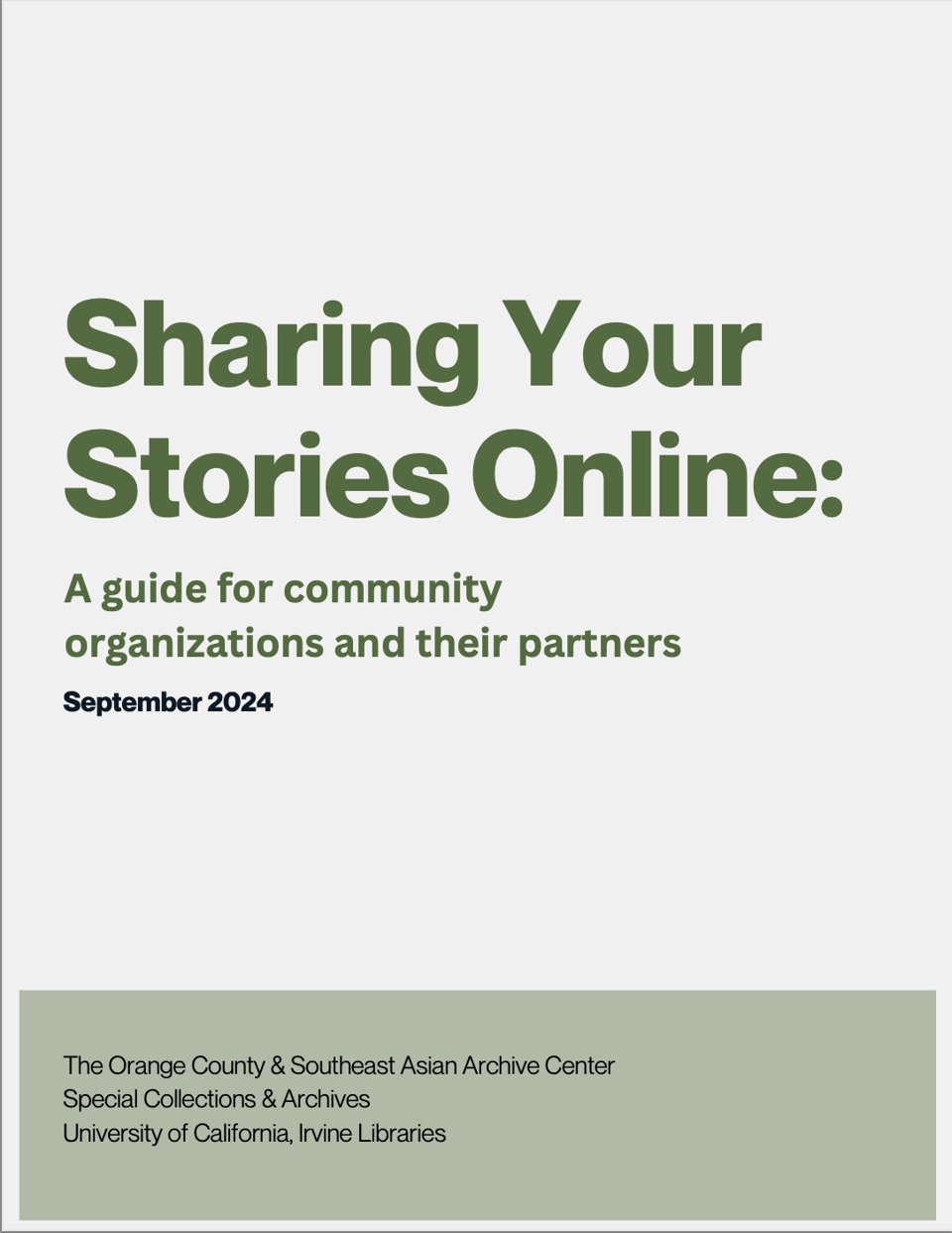 Green and beige report cover that reads Sharing your stories online: a guide for community organizations and their partners