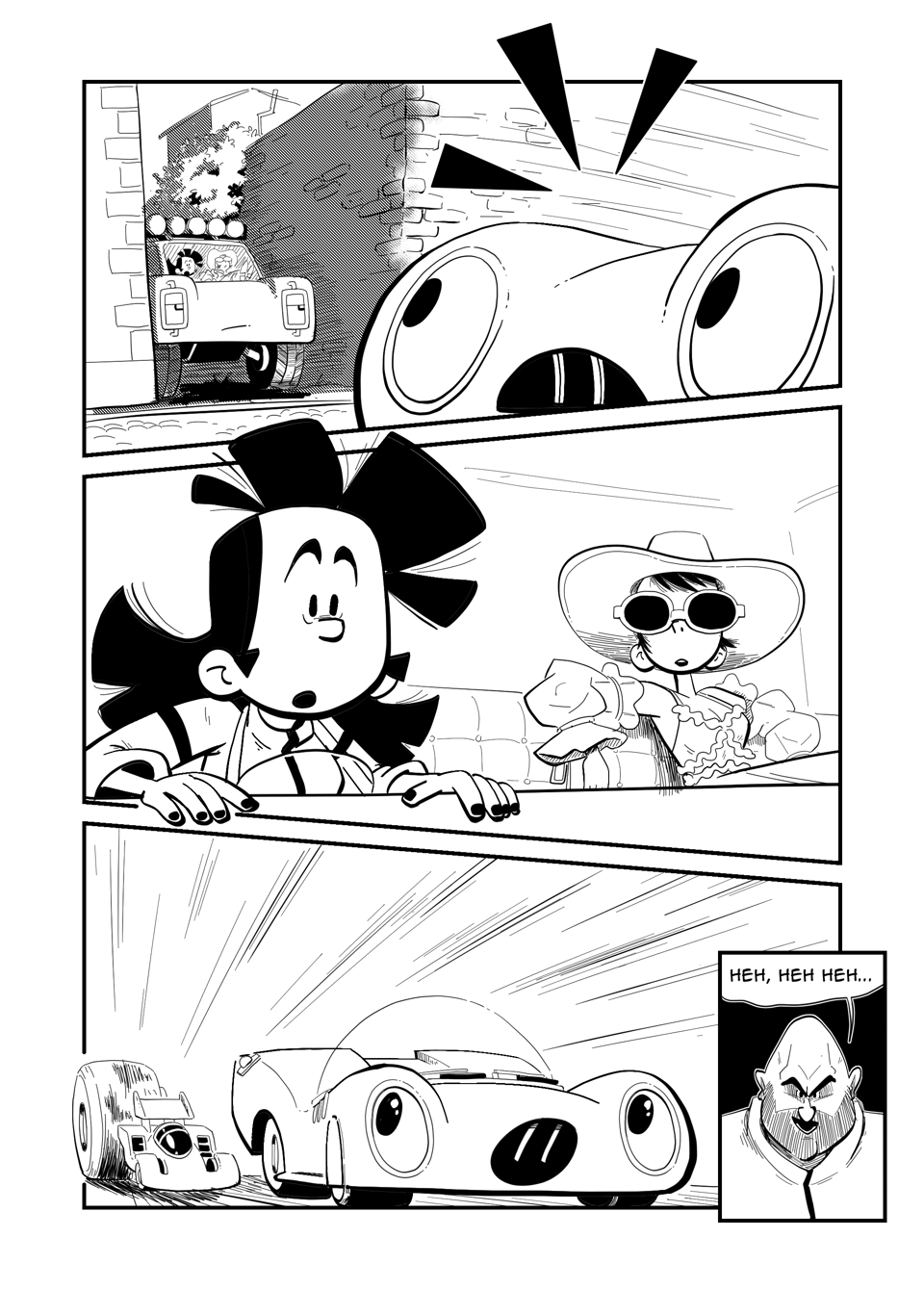 Worldracers Italy Pg 8. Panel 1, Racecar sees Tess, Butch and Ms Cowboy stuck in the alleyway. Panel 2, Tess leaning forward seeing Racecar. Ms Cowboy looks up. Panel 3, Racecar getting excited, a car comes up behind them. Panel 4, small panel, notorious billionaire Mark smiles deviously "Heh, heh, heh..."