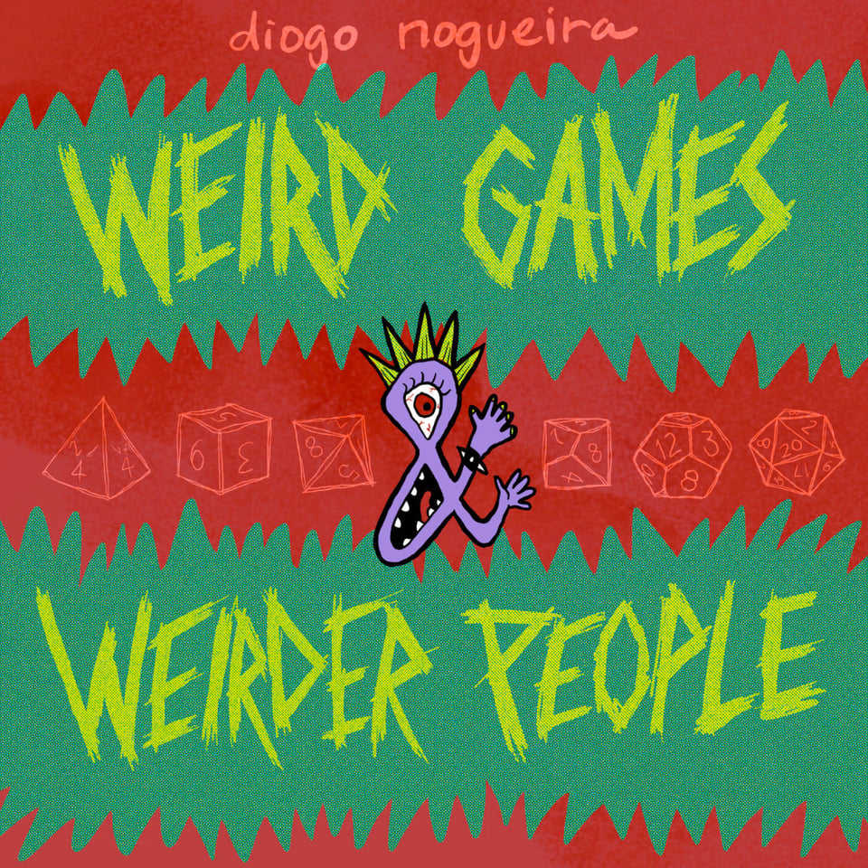 Weird Games and Weirder People written in bright yellow color over red and green background.