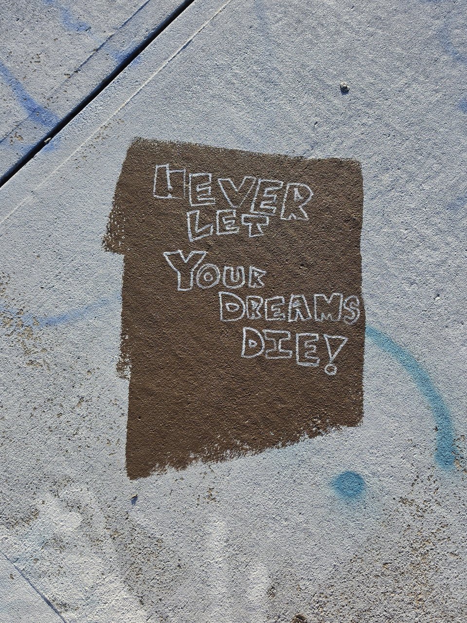 Chalk graffiti on a grey concrete sidewalk, where white block letters reading "NEVER LET YOUR DREAMS DIE!" have been written inside a roughly square patch of brown paint, with faint blue spray-paint marks on the pavement around it.