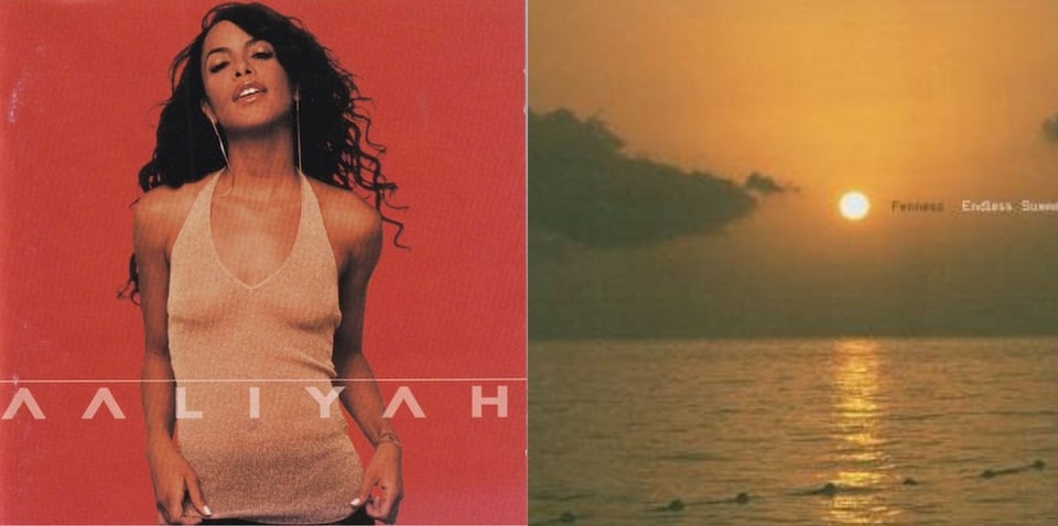 First pic: A photograph of a thin Black woman, Aaliyah, on a red background. (RIP) She wears a sheer sleeveless top that is I believe beige. She looks very confident. Second pic: A sunset over the ocean. Everything is orange.