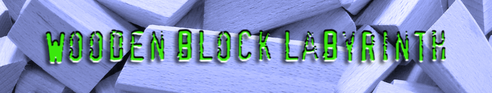 A word-mark for the Wooden Block Labyrinth. The name of the newsletter is spelled out in green and black typeface. The background is a faded close-up photo of wooden blocks.