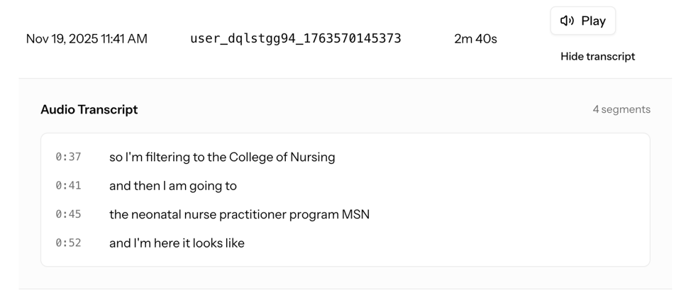 Screenshot of the audio transcription with timestamps