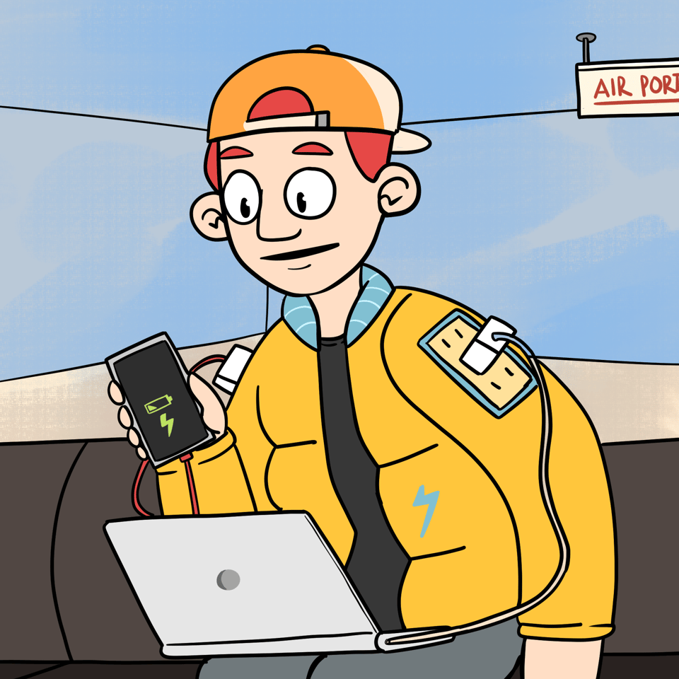 A boy is in the airport wearing a cool yellow jacket which has 6 power sockets on the shoulders. His phone and his laptop are both plugged into the jacket and charging.