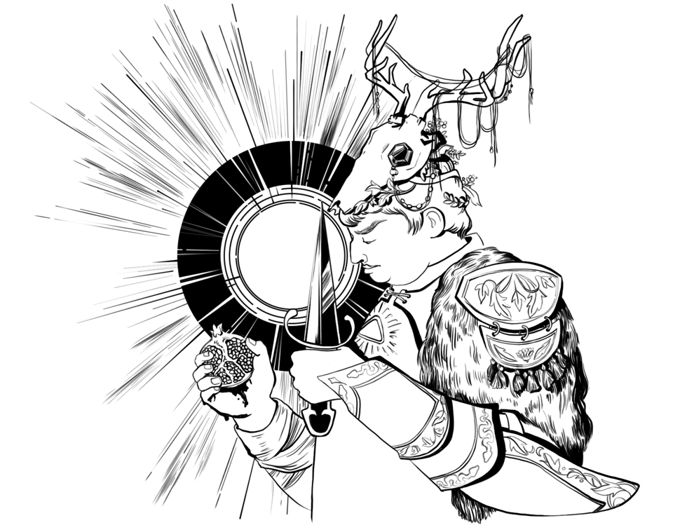 A larger person dressed in ornate armor, holding a dagger and a half a pomegranate, adorned in a bejewled deer skull crown