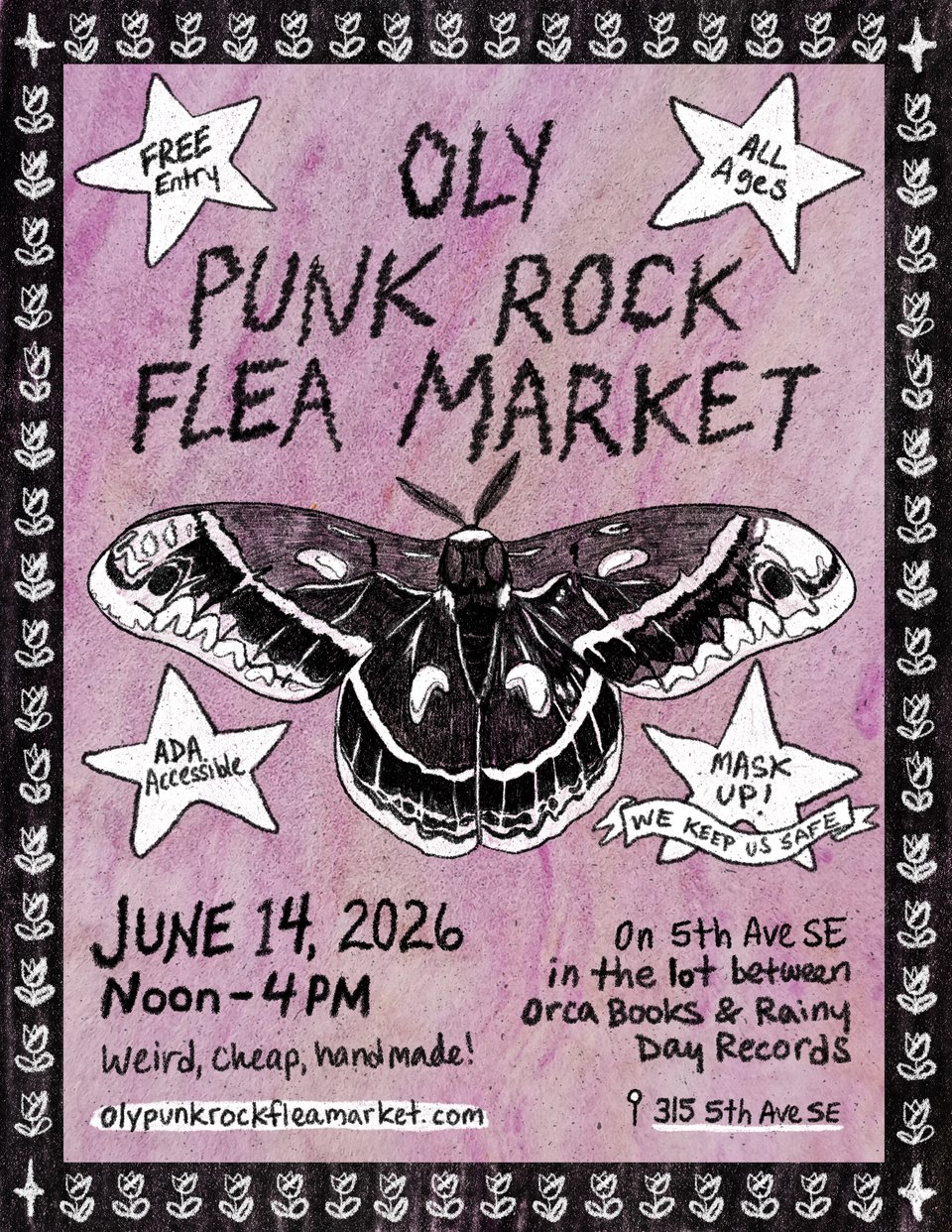 flyer for olympia punk rock flea market featuring a drawing of a big moth with stars around it. june 14th, noon-4, in the parking lot between orca books co-op and rainy day records.