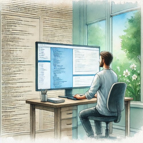 Man staring at a large monitor writing an email