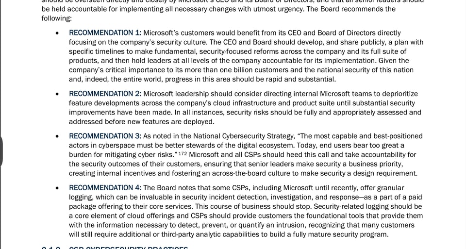 Recommendation page from CISA report that says that Msft customers would benefit from the ceo and board directly focusing on the companuy’s security culture..and hold leaders at all levels of the company accountable for its implementation.
