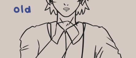 the image shows only a part of the old version of the boyfriend character, and he's wearing a shirt with a cardigan.