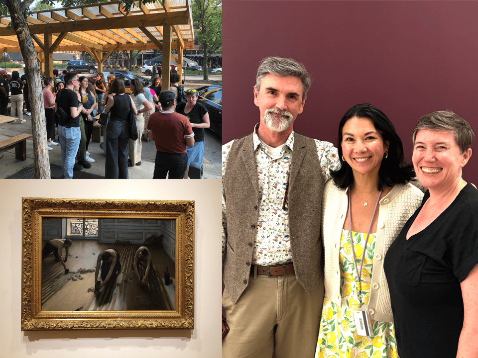 A group of people standing outside a bar at drinking about museums Chicago: add Emily Fry and Jennifer Foley standing smiling at the art Institute; Gustave Caillebotte's painting "the paint scrapers"