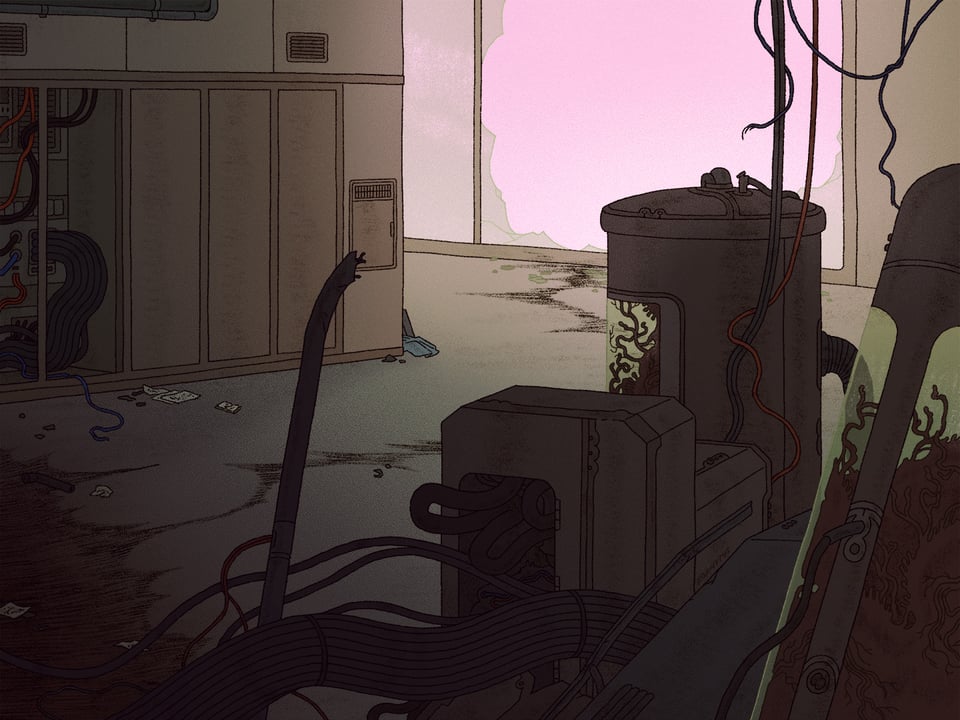 an illustration: a pile of abandoned equipment, cables, & tanks with strange growths stands in the foreground in a shadowy abandoned lab. the imprint of an explosion extends from one corner, and dark marks on the floor trail off to a large broken window in a hallway.