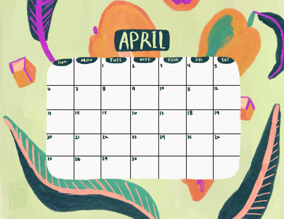 April calendar with illustrations of mangos and mango leaves in the background.