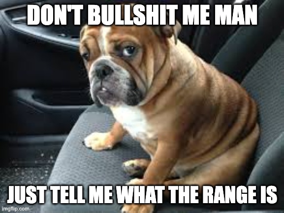 Picture of a disappointed looking bulldog sitting on a car seat. Text says: Don't bullshit me man. Just tell me what the range is.
