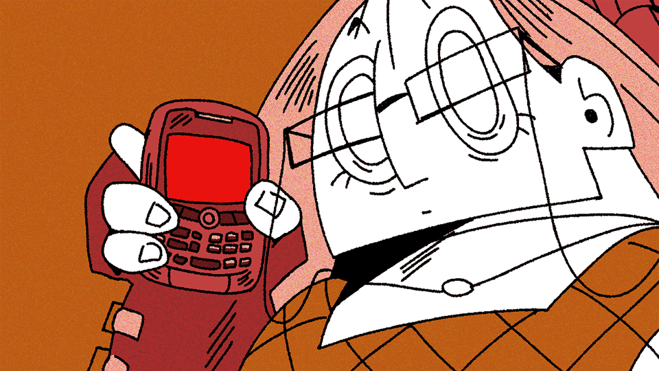 An illustration of Louis, with a wide-eyed expression, holding his phone up to his ear. His phone screen is bright vermillion red, which lights the rest of the room in a reddish-orange hue.