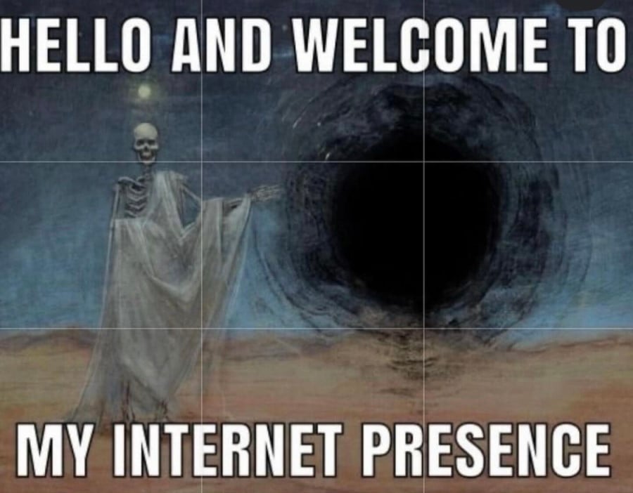 A skeleton draped in a diaphenous robe standing on a flat desert plain, pointing toward an eerie black void. Overlaid text reads: Hello and welcome to my internet presence