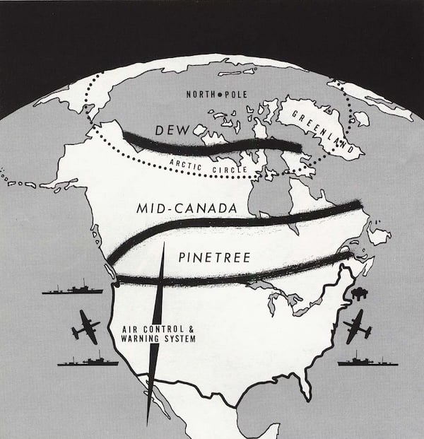 Black and white illustration of North America crossed by three lines illustrating the 'Air Control & Warning System', labeled 'PINETREE' (from Vancouver to New Brunswick or so), 'MID-CANADA' (from the north end of Vancouver Island to Labrador) and 'DEW' (north of the Arctic Circle, from Tuktoyaktuk to Baffin Island). Six or so silhouettes of 1950s era military ships and planes surround the continent.