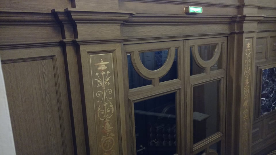 A wall that looks like wood painted with gold designs and with glass doors. There appears to be wood grain, but it is plaster painted to look like wood.