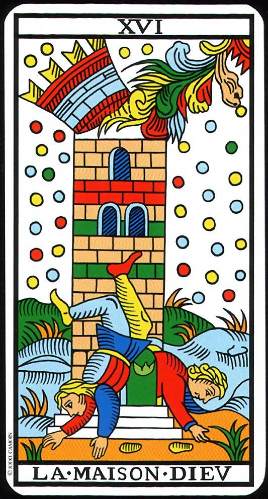 Ilustração da torre no Marselha. Em baixo está escrito "La Meison Dieu". No desenho, uma torre é atingida no seu ápice por uma labareda ou raio. Esferas coloridas parecem cair da torre, e em baixo, duas figuras humanas parecem cair