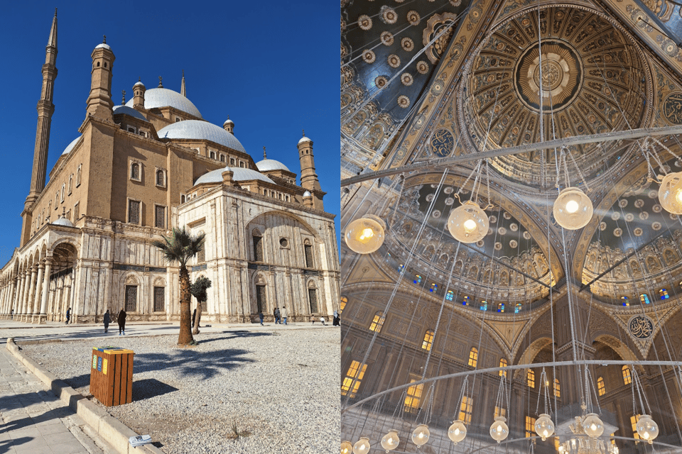 Two photos of the mosque, inside and outside