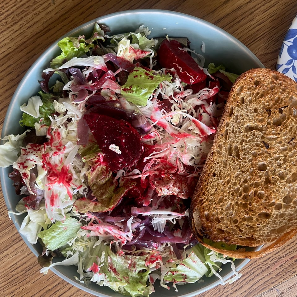 kitchen sink salad with marinated beets, cabbage, + sourdough